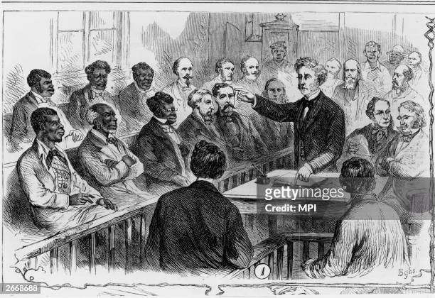 Jury made up of both blacks and whites in a southern US courtroom during the reconstruction era, 1867.