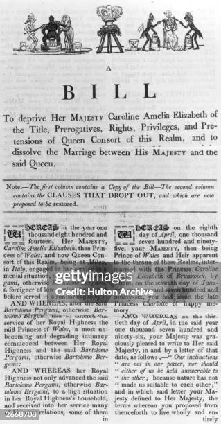 Bill demanding the dissolution of the marriage between King George IV and his wife Queen Caroline Amelia Elizabeth of Brunswick, on the grounds of...