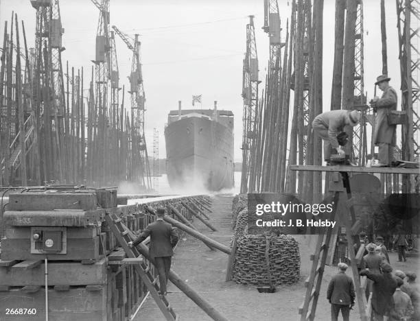 The Canadian Pacific liner Duchess of Richmond moves down the slips at Clydebank on the day of her launch.