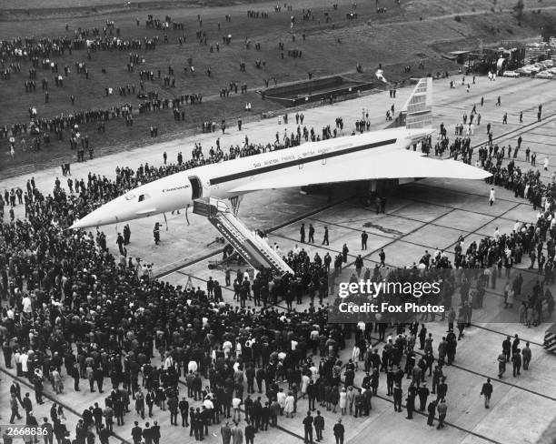 Britain's prototype of the Anglo-French supersonic Concorde airliner being rolled out of its hangar at the British Aircraft Corporation works at...