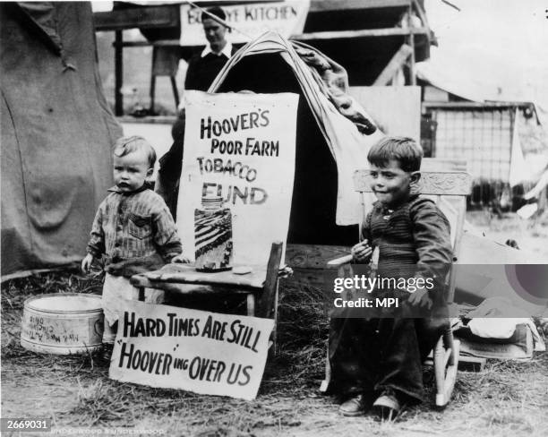 Two young residents at a Hooverville shantytown in Washington DC.