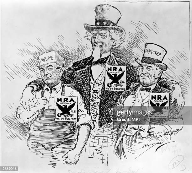 Uncle Sam bringing together an employee and an employer in the National Recovery Administration . From a cartoon 'The Spirit of the New Deal' by...
