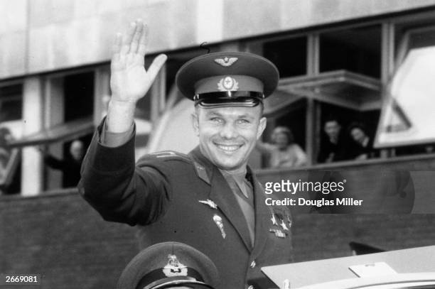 Soviet cosmonaut and the first man to travel in space, Yury Alekseyvich Gagarin arriving in London for a Russian trade fair.