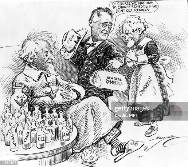 President Franklin Delano Roosevelt , seen as Dr New Deal, trying several remedies for an ailing Uncle Sam; Congress is portrayed as a nurse...
