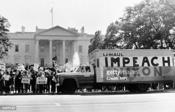 Demonstration outside the Whitehouse in support of the impeachment of President Nixon following the watergate revelations.