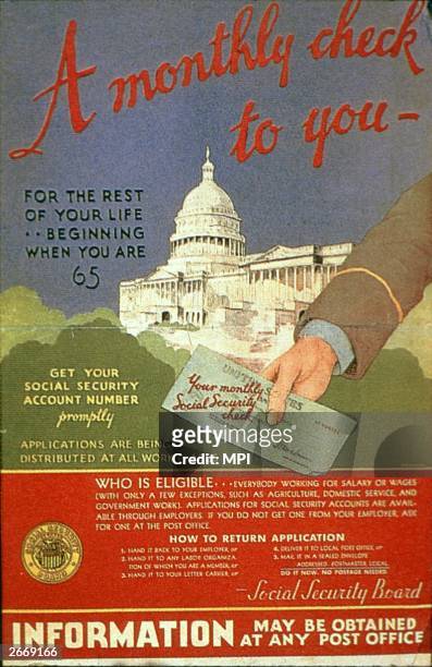 Monthly check for you' - a government poster urging people to apply for their social security account numbers, which features a hand holding a check...
