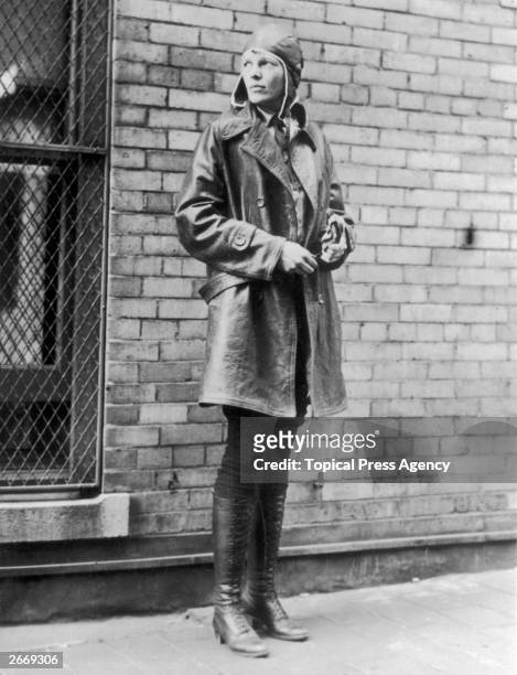 Aviatrix Amelia Earhart in Newfoundland. Noted for her flights across the Atlantic and Pacific oceans, Earhart disappeared without trace in her...