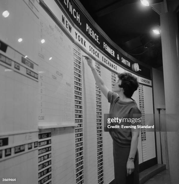 Zena Mander at the quotation board of Merril, Lynch, Pierce and Fenner Ltd, of Fenchurch St in the City of London, the UK branch of a big American...