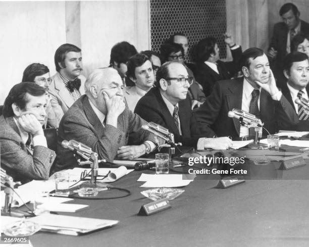 American politicians Senator Howard Baker of Tennesse, Senator Sam Irvin of North Carolina, Majority Council Sam Dash, Senator Herman E Talmadge of...