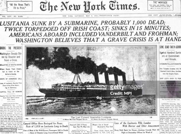 Front page of the 'New York Times' detailing the sinking of the 'Lusitania'.