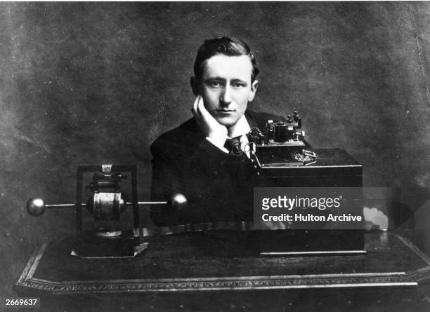 Italian electrical engineer and nobel laureate Guglielmo Marconi with the wireless apparatus which he brought to England.