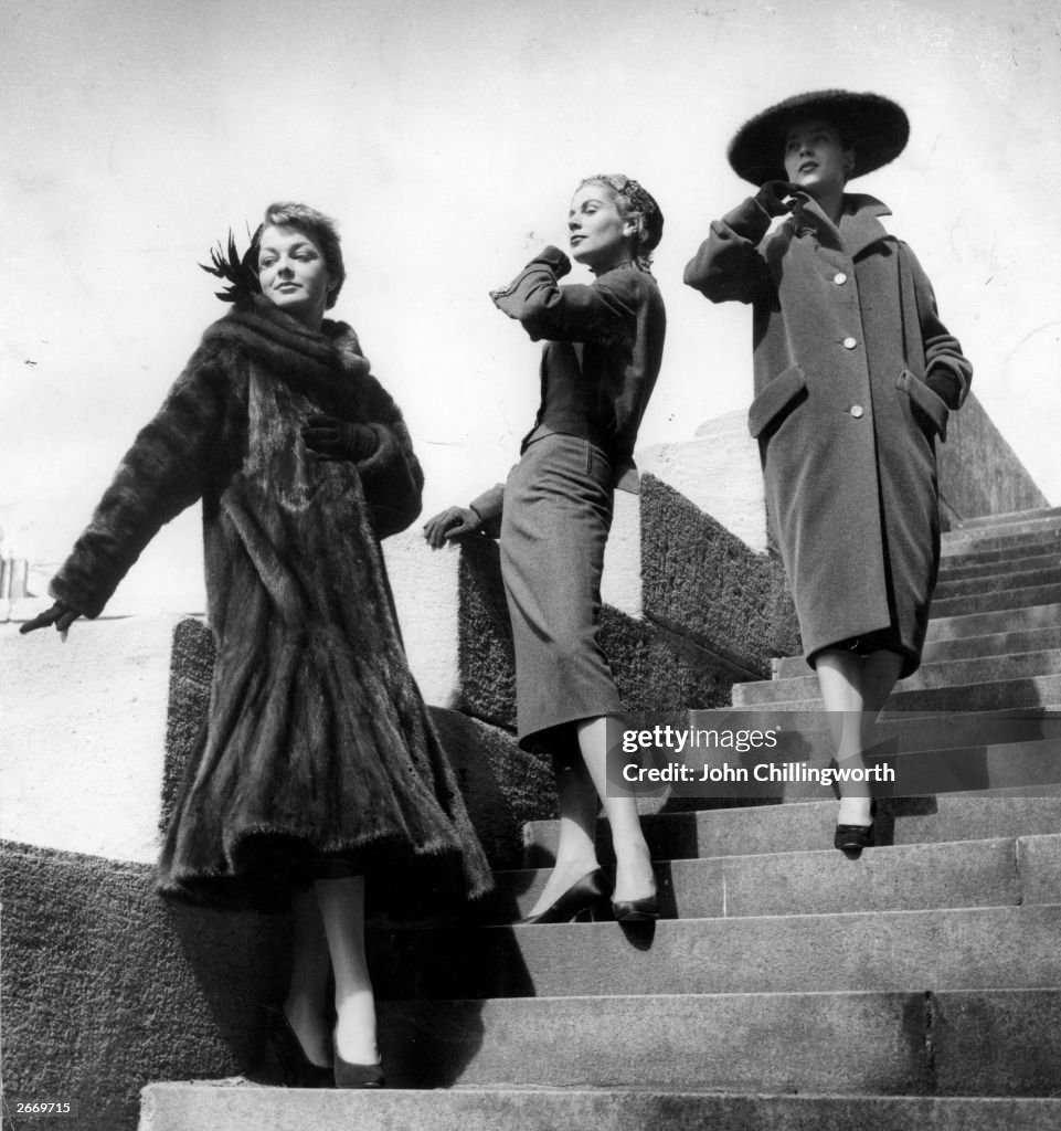 Three coats illustrating the new A-line, S-line and H-line fashion