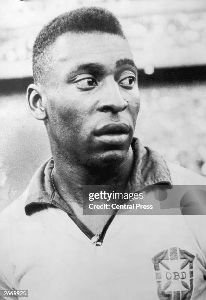 Brazilian footballer Pele at the warm-up match against Scotland at Hampden Park in the 1966 World Cup.