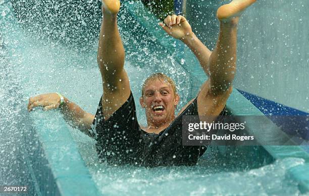 Lewis Moody of England enjoys the waterslide at the Wet 'n' Wild theme park October 28, 2003 the Gold Coast, Australia.