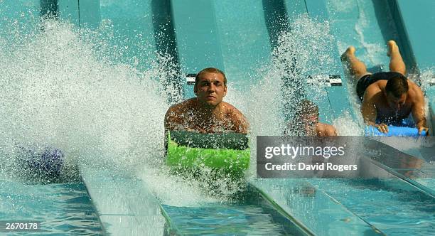 Ben Kay of England enjoys the waterslide at the Wet 'n' Wild theme park October 28, 2003 the Gold Coast, Australia.