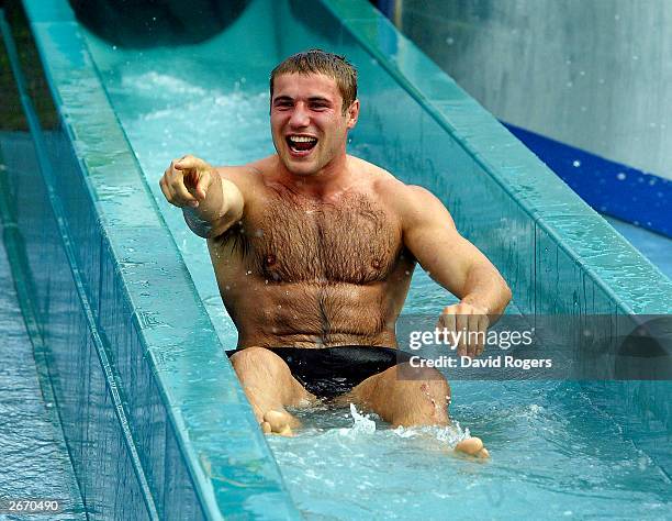 Ben Cohen of England enjoys the waterslide at the Wet 'n' Wild theme park , on October 28, 2003 the Gold Coast, Australia.