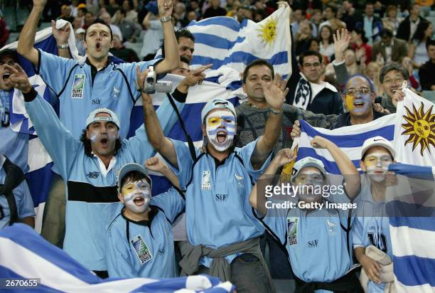Uruguay fans show their colours during the Rugby World Cup Pool C match between Georgia and Uruguay at Aussie Stadium October 28, 2003 in Sydney,...