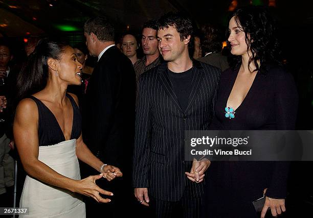 Actress Jada Pinkett Smith, actor Steven Roy and actress Carrie-Anne Moss attend an after-party for the world premiere of the film "Matrix...