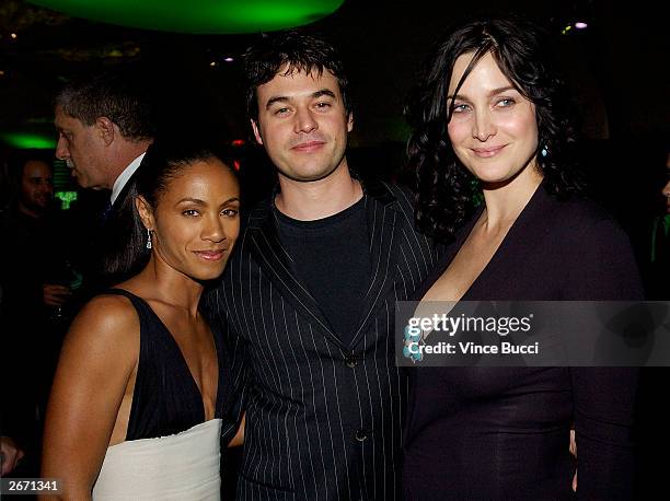 Actress Jada Pinkett Smith, actor Steven Roy and actress Carrie-Anne Moss attend an after-party for the world premiere of the film "Matrix...