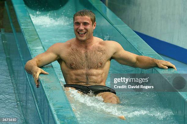 Ben Cohen of England enjoys the waterslide at the Wet 'n' Wild theme park October 28, 2003 the Gold Coast, Australia.
