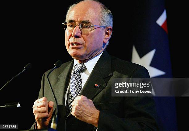 Australian Prime Minister John Howard discusses his stance on war with Iraq at a Liberal Party luncheon at the Festival Centre March 14, 2003 in...