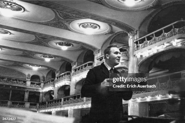 German composer and pianist Bruno Walter , conducting the Czech Philharmonic Orchestra in Prague.