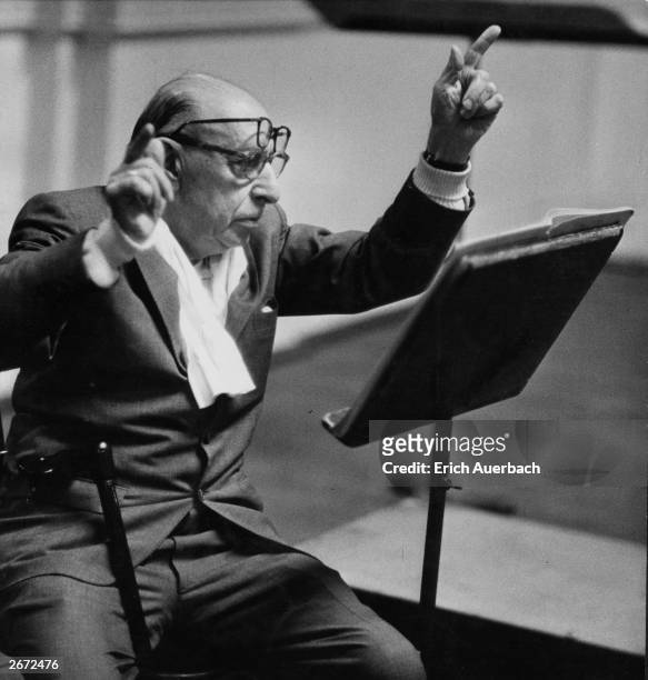 Russian-born composer, conductor, pianist and writer Igor Fyodorovich Stravinsky conducts his arrangement of Bach's 'Von Himmel Hoch'.