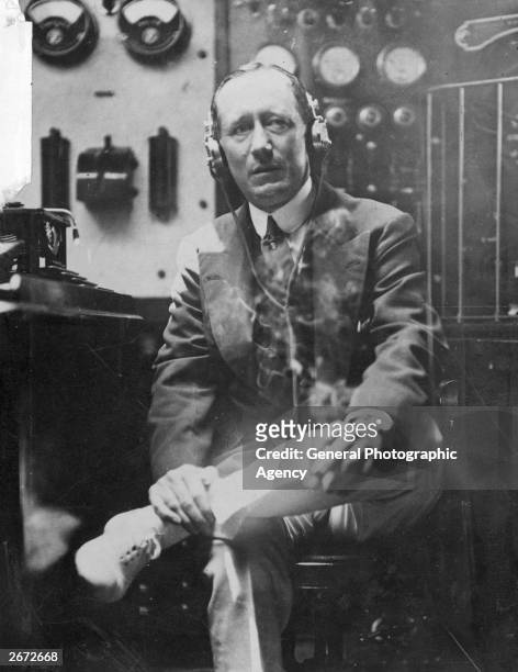 Italian physicist and inventor Guglielmo Marconi on board his yacht 'Elletra', which is virtually a floating wireless laboratory.