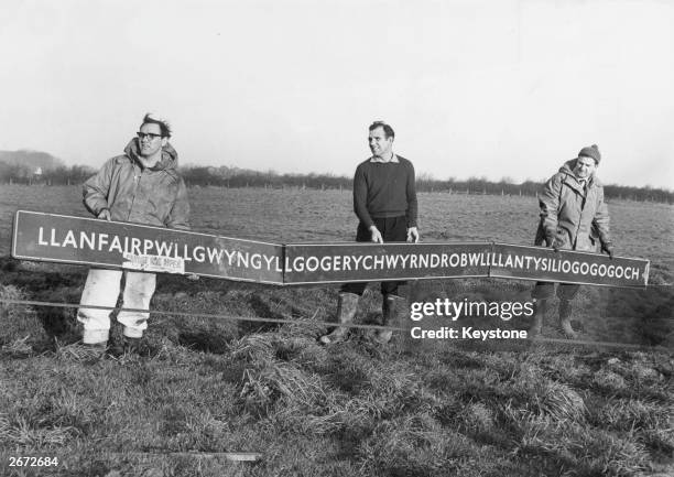 During Cardiff University 'rag' week the railway sign from Llanfair PG in Anglesea, north Wales disappeared. BBC TV men are holding the sign after...