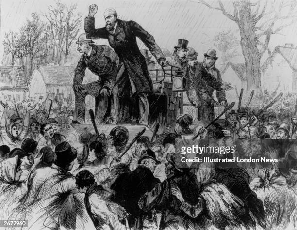 Irish politician Charles Stewart Parnell addressing a hostile crowd during the Kilkenny by-election at the time of his disputed leadership of the...