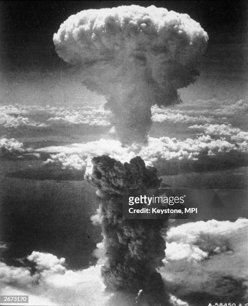 Mushroom cloud rising into the air after the atom bomb was dropped on Nagasaki at the end of World War II.