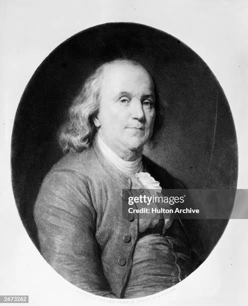 American printer, author, diplomat, philosopher and scientist Benjamin Franklin . Original Artwork: Painted by A Scheffer, engraved by Ed Girardet