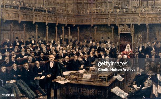 English prime minister William Ewart Gladstone delivering his last speech in the House of Commons, London.