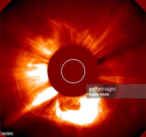 In this handout from the Solar & Heliospheric Observatory, a major solar eruption is shown in progress October 28, 2003. This X18 flare is the...