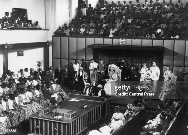 The Duchess of Kent reads a speech from the British Queen in the National Assembly, Ghana, granting Independence to the Gold Coast