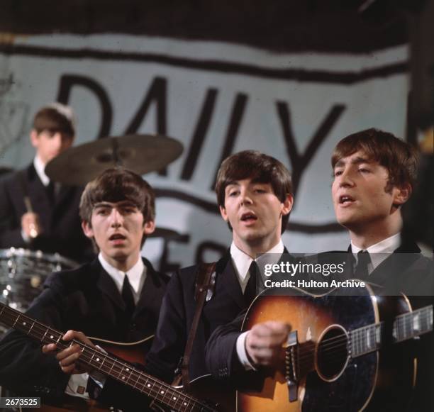 Liverpudlian pop group The Beatles on Granada TV's Late Scene Extra television show filmed in Manchester, England on November 25, 1963.