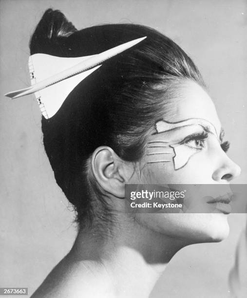 French model with a hairstyle and matching make-up based on Concorde, May 24, 1969.