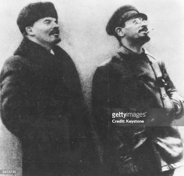 Russian revolutionaries Vladimir Ilyich Lenin , and Chairman of the Russian Communist Party, Yakov Sverdlov at the inauguration of a monument to Karl...