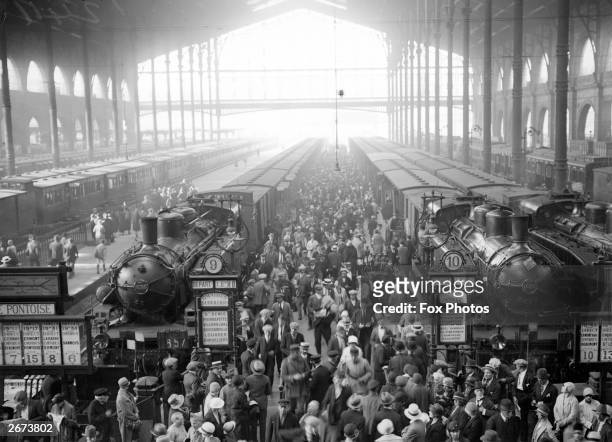 Crowded platform at Gare du Nord train station in Paris.