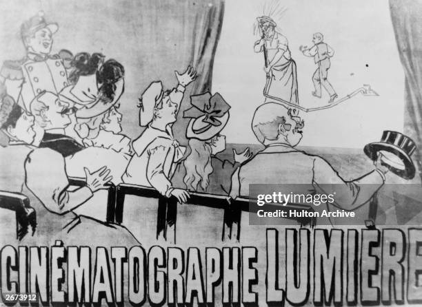 Drawing entitiled 'Cinematographe Lumiere' illustrating the joys of Louis Lumiere's early cinema. The audience are laughing at a man getting a...