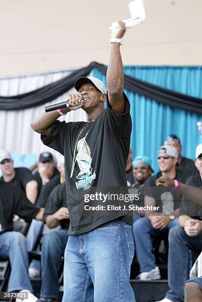 Outfielder Juan Pierre of the Florida Marlins shows his raps to the fans during a World Series celebartion October 28, 2003 in Miami, Florida. The...