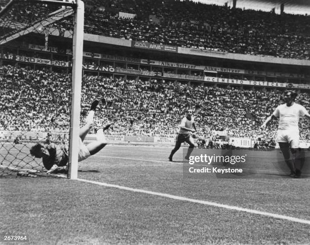 England goalkeeper Gordon Banks hits the ground after making one of the most famous saves in football history during a 1970 World Cup match in...