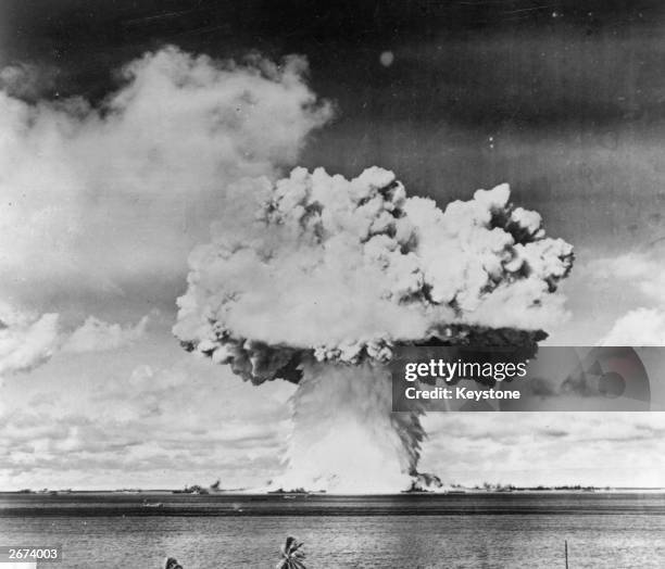 An atomic bomb test explosion off Bikini Atoll, Micronesia.