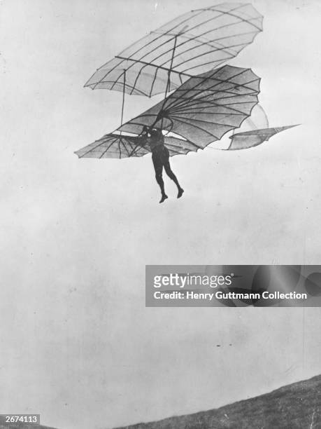 Prussian aeronautical inventor and glider pioneer Otto Lilienthal during one of his glider flights.