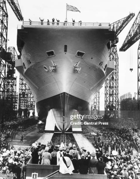 British aircraft carrier HMS Ark Royal ready to be launched by Queen Elizabeth , Queen Consort to King George VI.