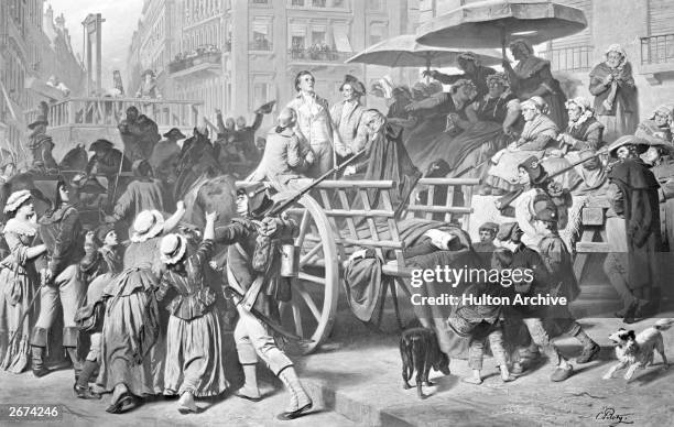 Group of Girondists arriving at the guillotine in Paris in a wagon, surrounded by a mob. Original Artwork: By Piloty