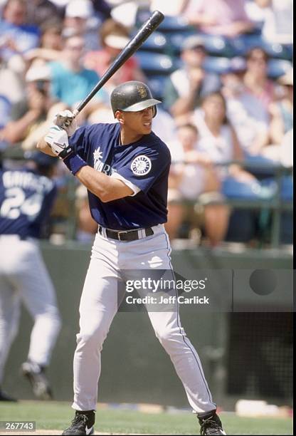 Infielder Alex Rodriguez of the Seattle Mariners in action during a spring training game against the Oakland Athletics at the Phoenix Stadium in...