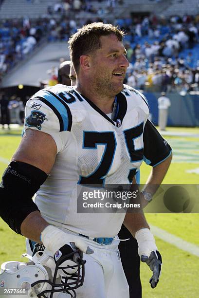 Tackle Todd Steussie of the Carolina Panthers watches the action during the game against the New Orleans Saints on October 5, 2003 at Ericsson...