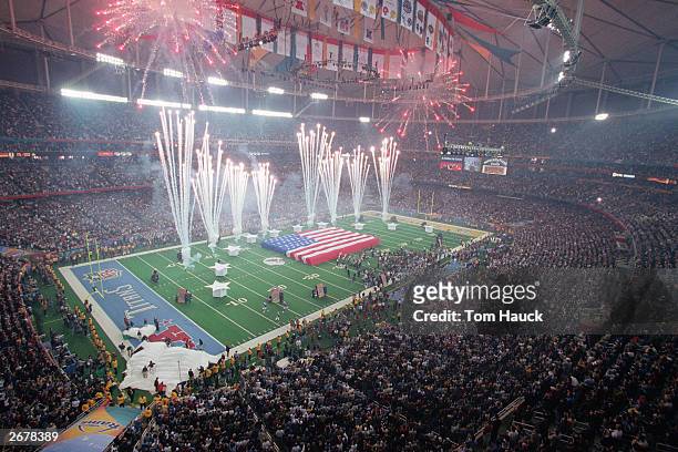 General view of the Pre-Game Show as fireworks are set off prior to Super Bowl XXXIV between the Tennessee Titans and the St. Louis Rams at the...