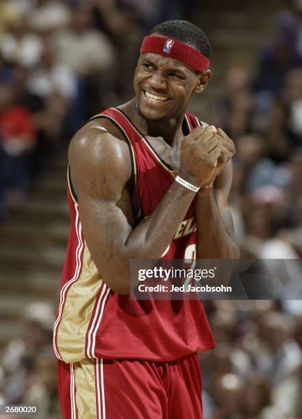 Lebron James of the Cleveland Cavaliers reacts to a foul call against the Sacramento Kings during an NBA game at Arco Arena on October 29, 2003 in...